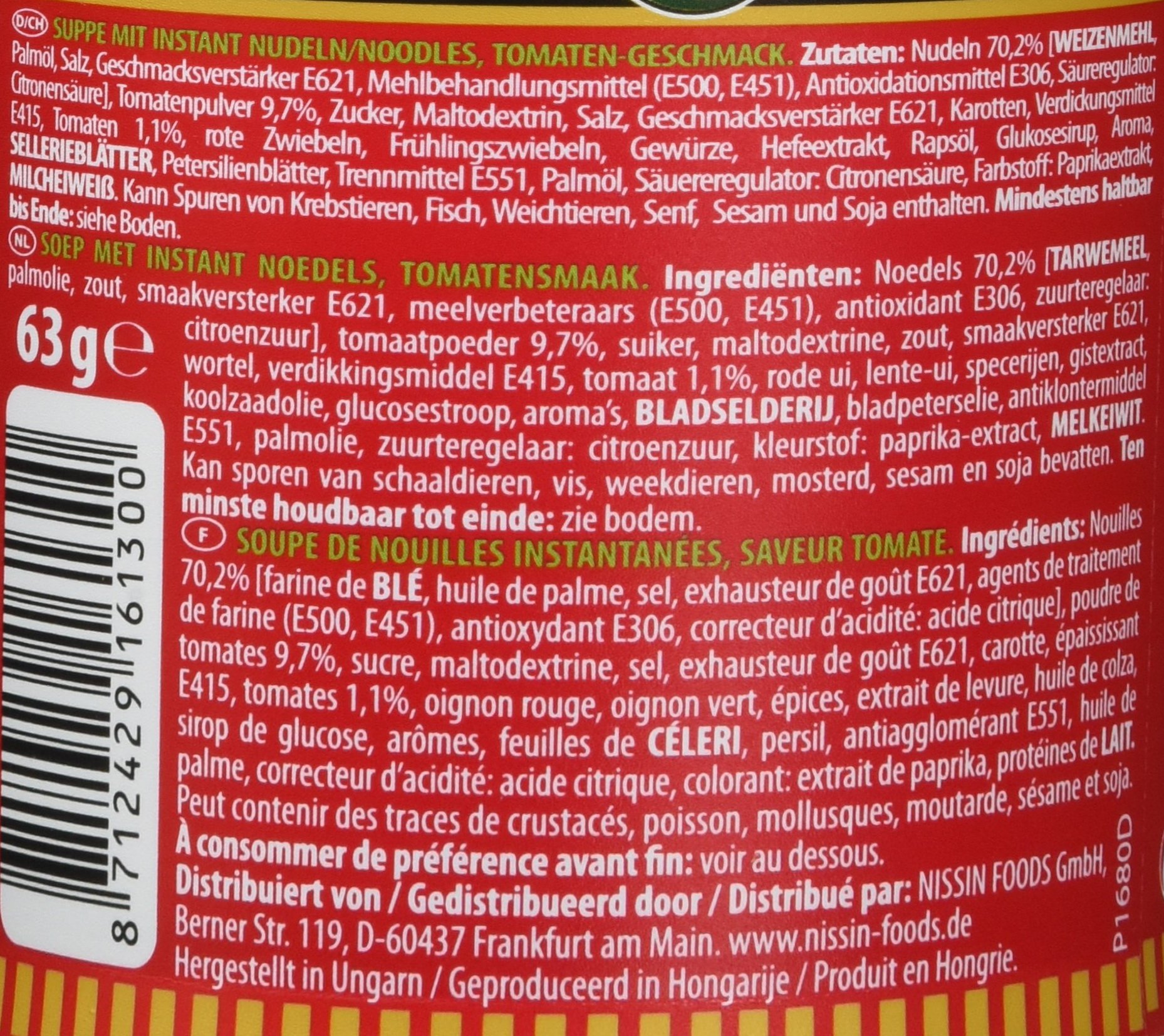 Nissin Cup Noodles Tomate 63g Suppen-Becher