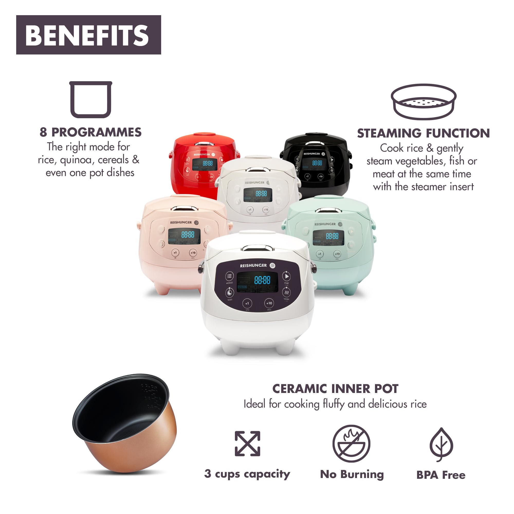 Reishunger Digitaler Mini Reiskocher 0,6 L rosa 3 Portionen