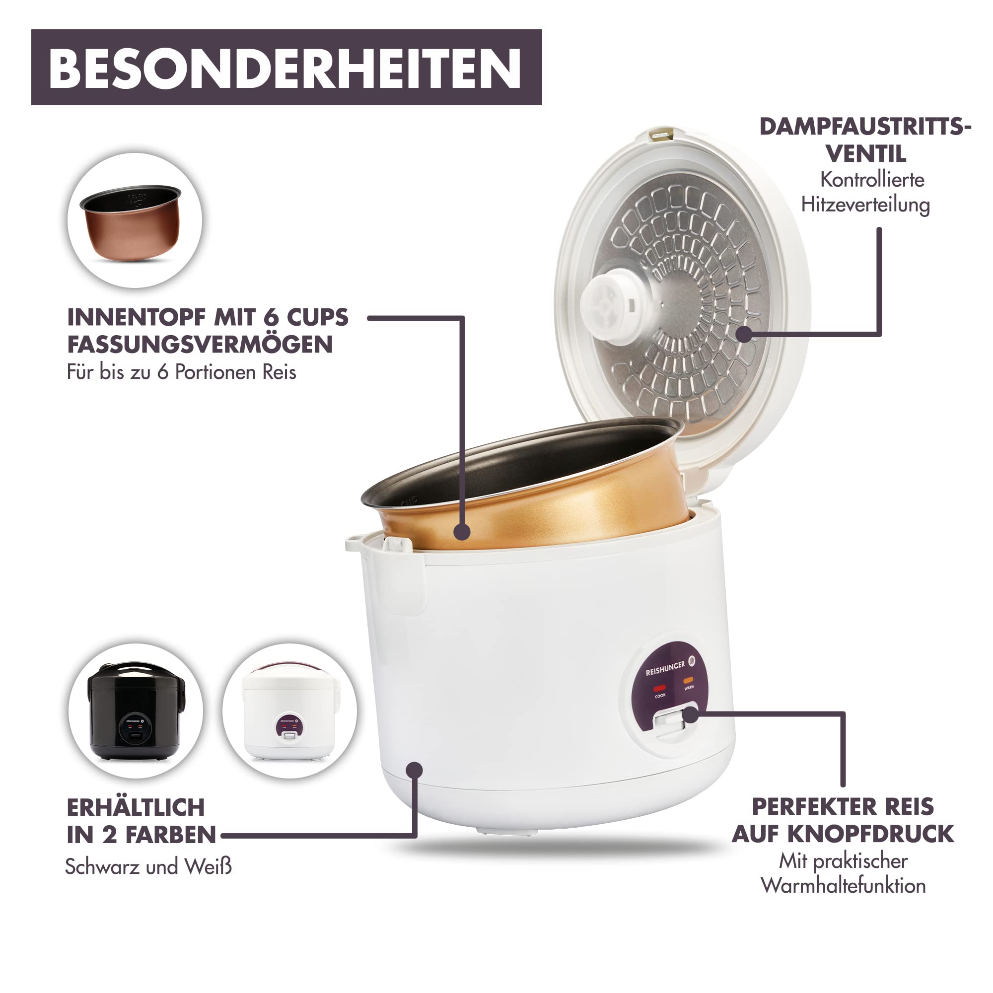 Reishunger Reiskocher Dampfgarer 1,2l Weiß 6 Portionen