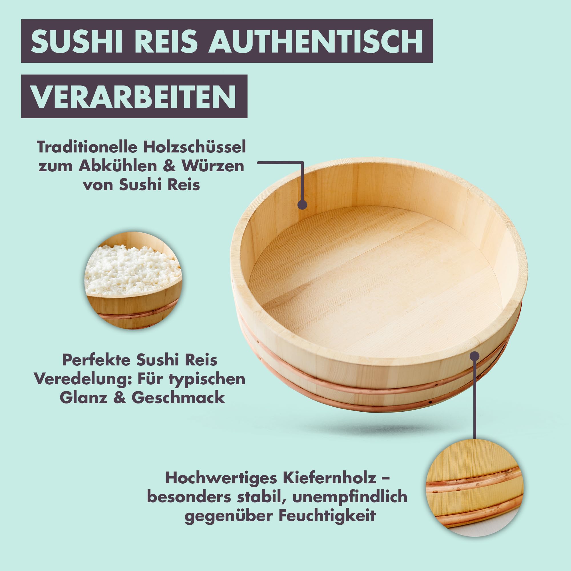 Reishunger Hangiri Holzschüssel 48cm Profi Sushi Reis