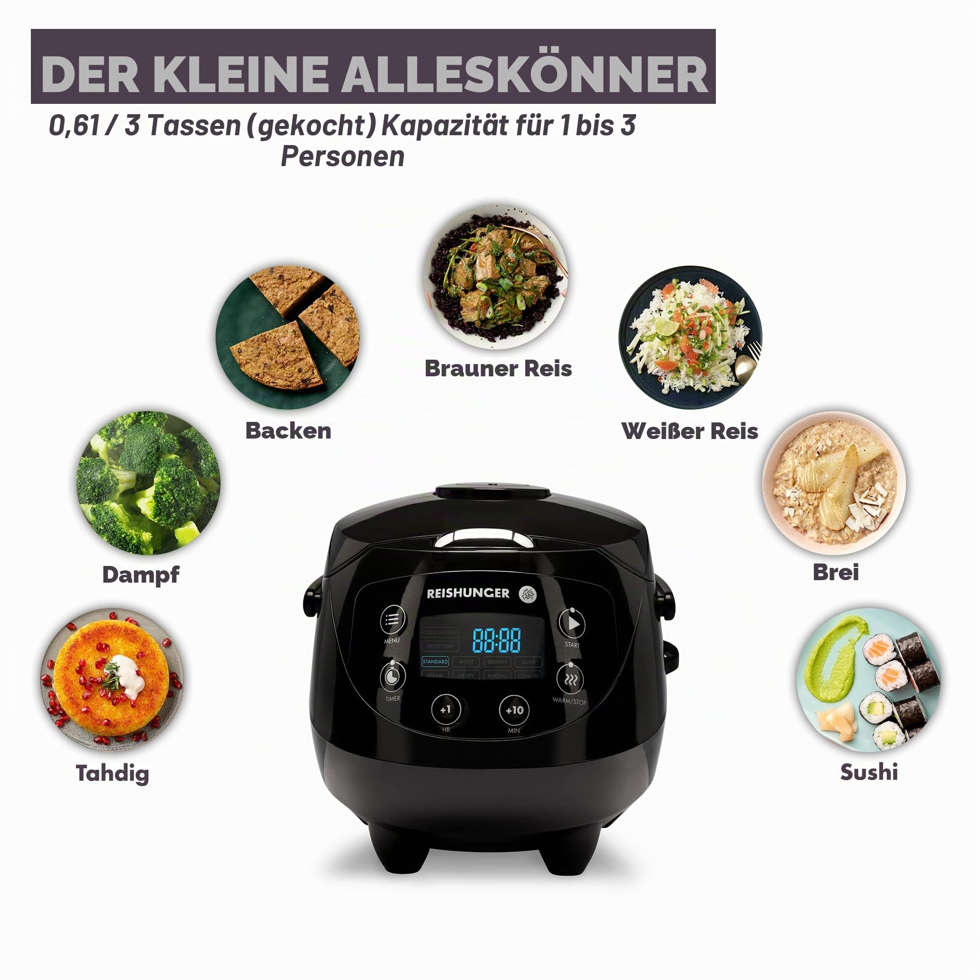 Reishunger Digitaler Mini Reiskocher 0,6 L rosa 3 Portionen