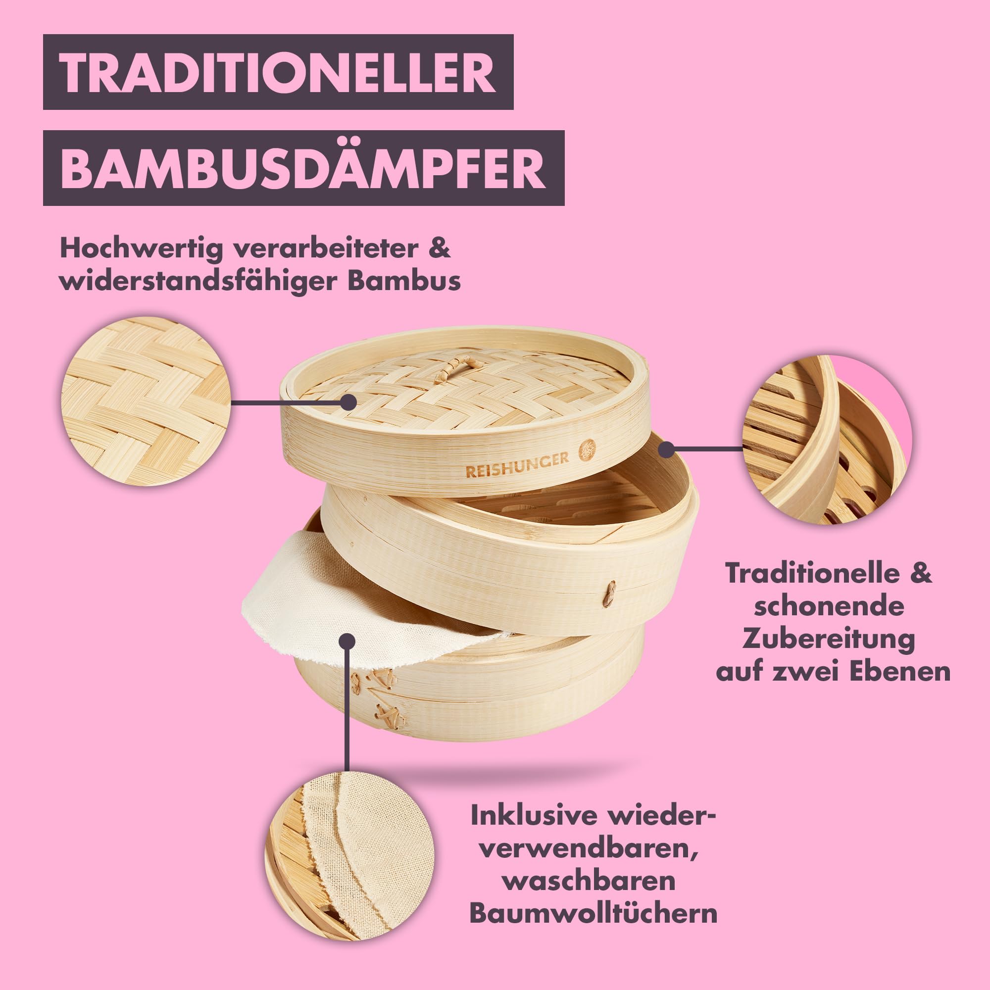 Reishunger Bambusdämpfer 20cm 2 Etagen für 2 Personen