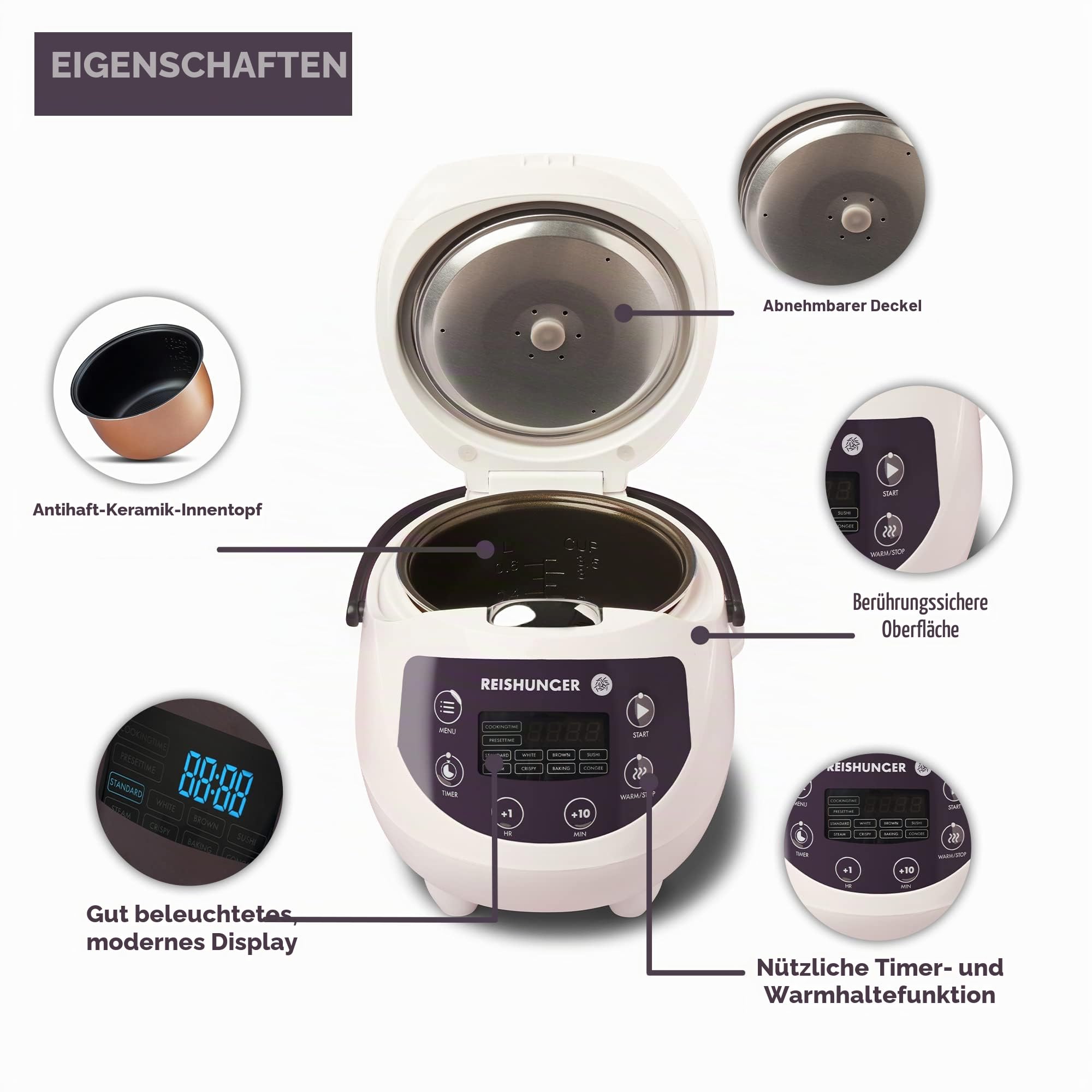 Reishunger Digitaler Mini Reiskocher 0,6 L rosa 3 Portionen