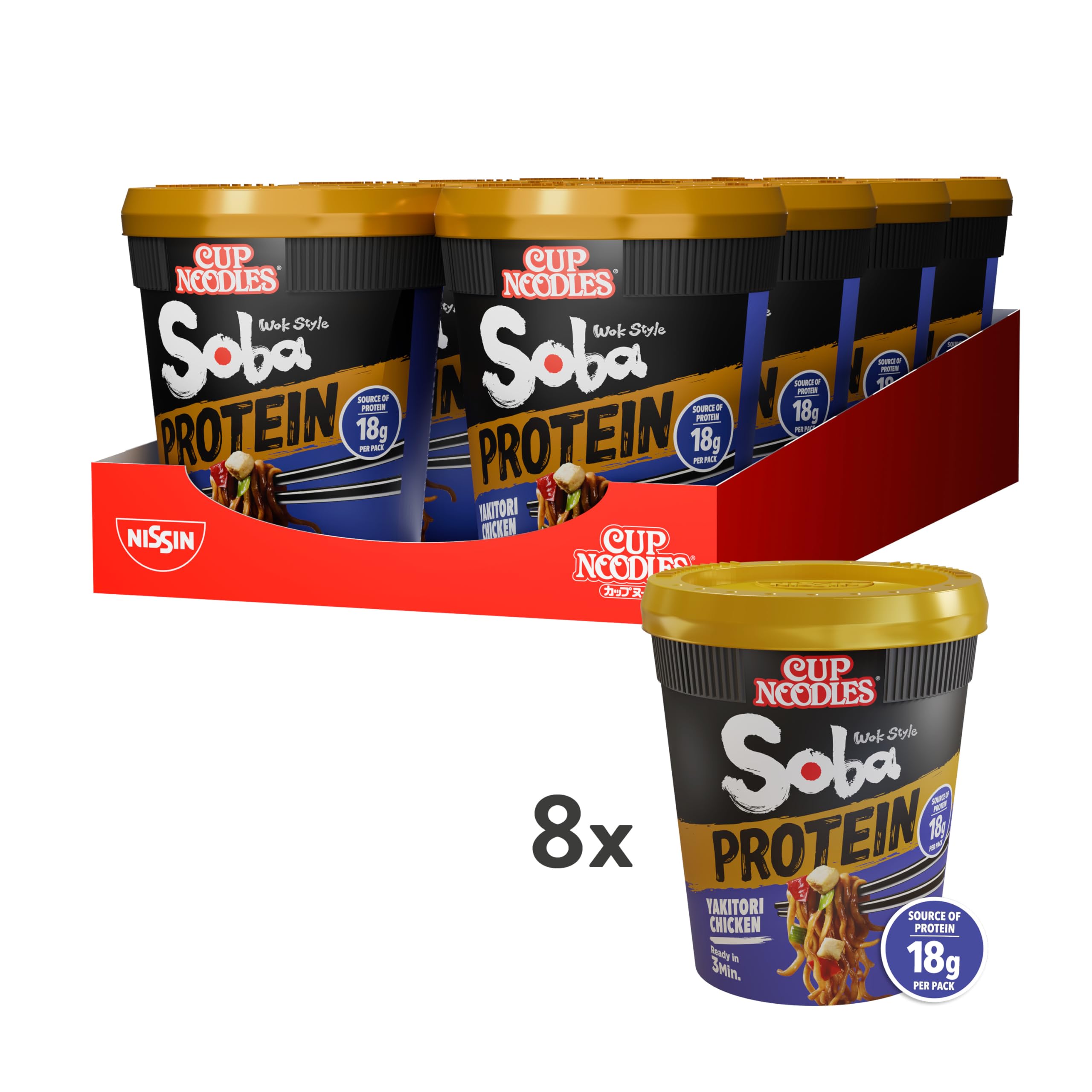Nissin Cup Noodles Soba Yakitori Chicken Instant-Nudeln 8x90g proteinreich