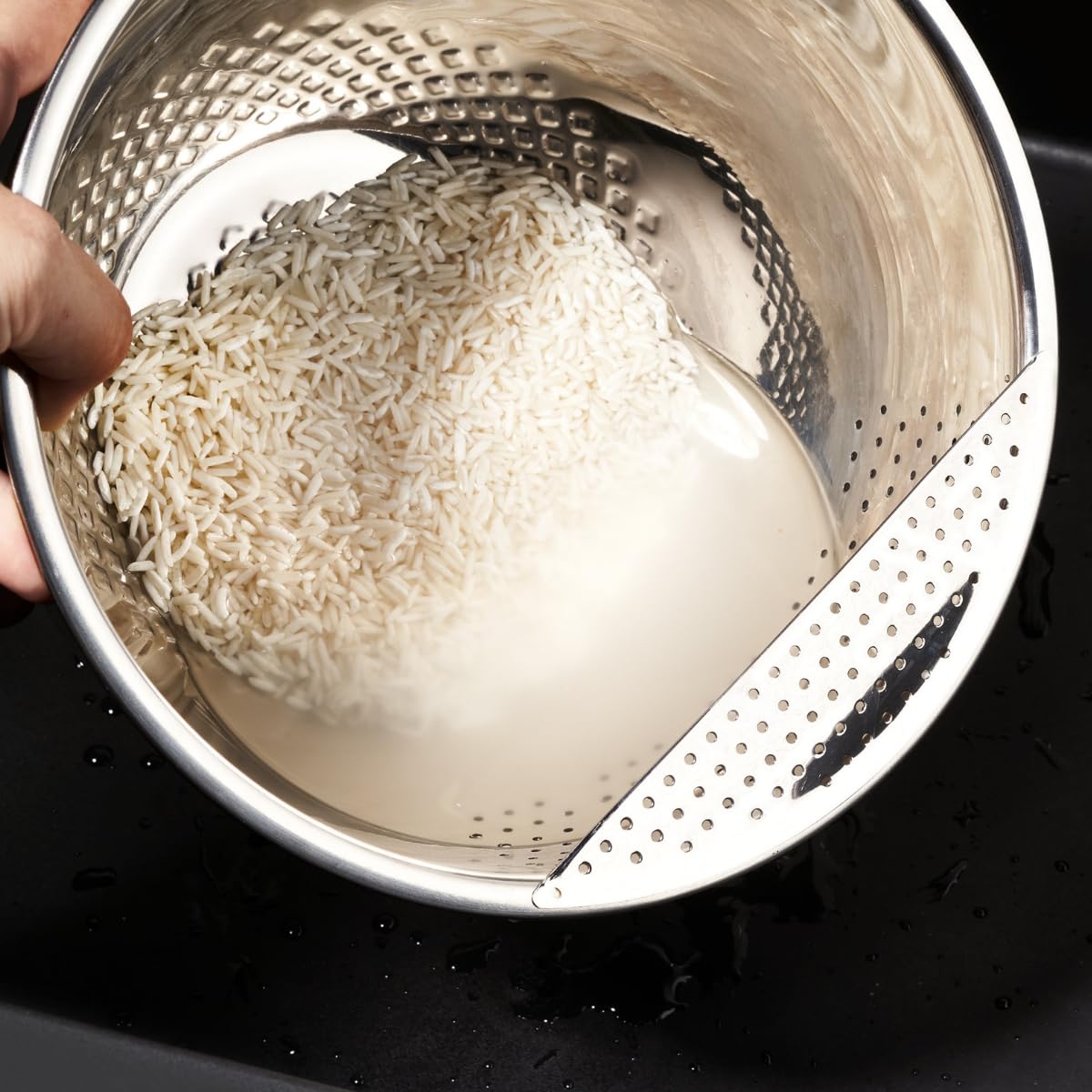 Reishunger Reis Waschschüssel Edelstahl Schwarz 1,8 L Sieb