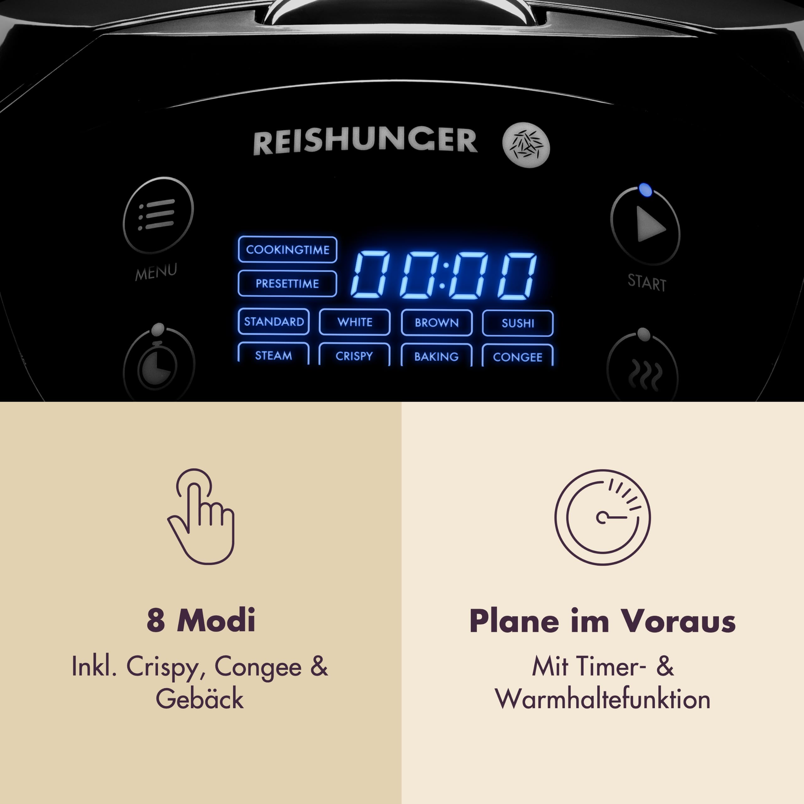 Reishunger Digital Mini Reiskocher 0,6 L Schwarz 8 Programme