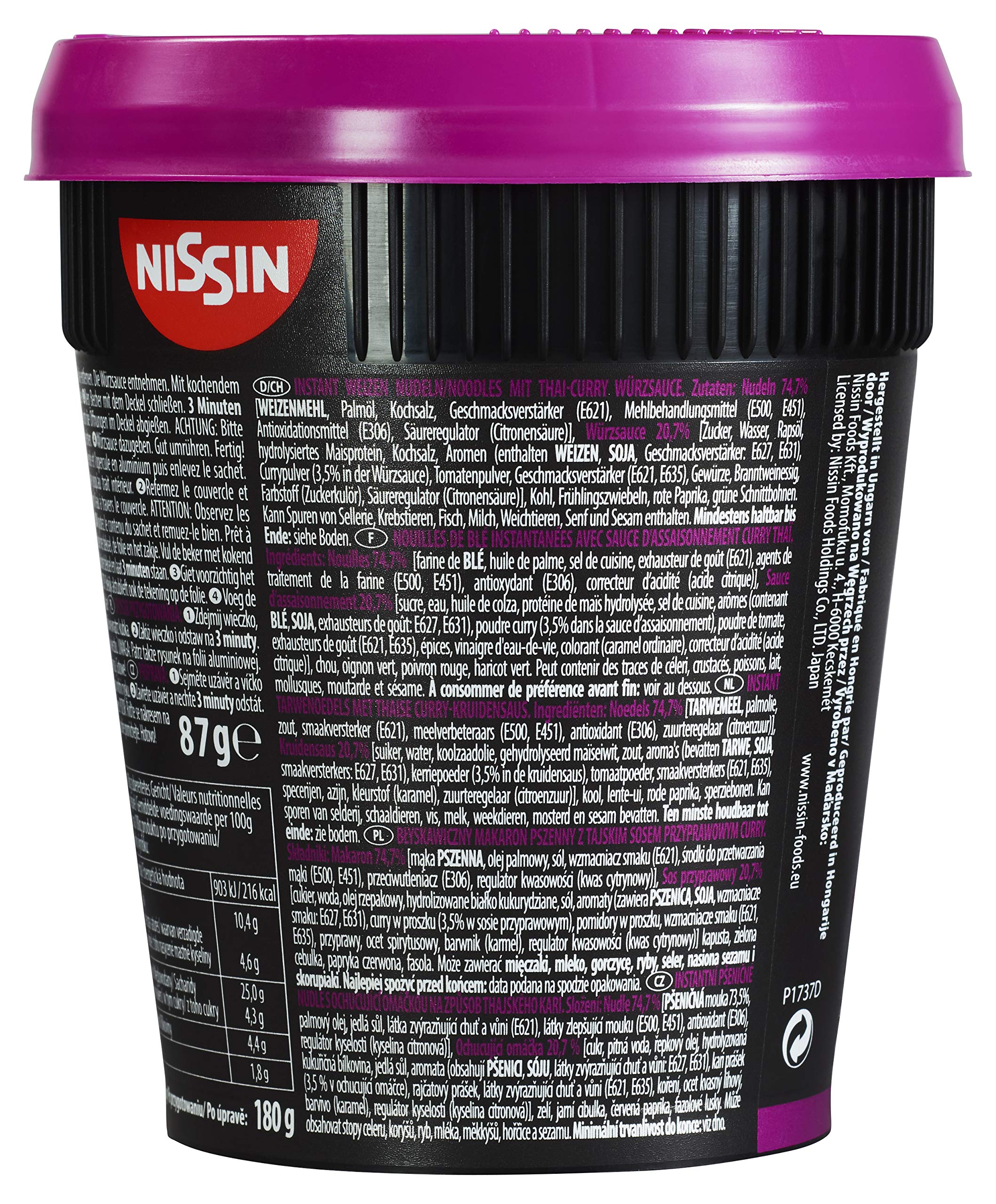 Nissin Cup Noodles Soba Thai Curry Instant-Nudeln 8x87 g